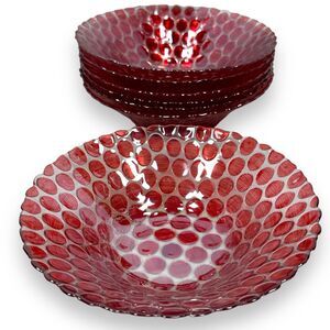 Vintage Thumbprint Coin Bowls‎ Lot of 7 Turkish Bubble Art Glass Ruby Trinket